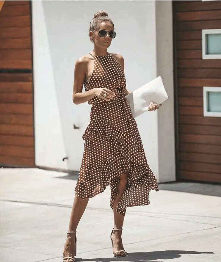 

Vintage Dot Irregular Dress Sexy Sleeveless Casual Women Boho Beach Halter Hi-Lo Ruffles Mid Dresses Summer Ladires Party Dress