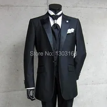 Настоящая фотография одна кнопка черный смокинг жениха Угловые атласные с отворотом шафер жених мужские свадебные костюмы пиджак для жениха+ брюки+ галстук+ жилет