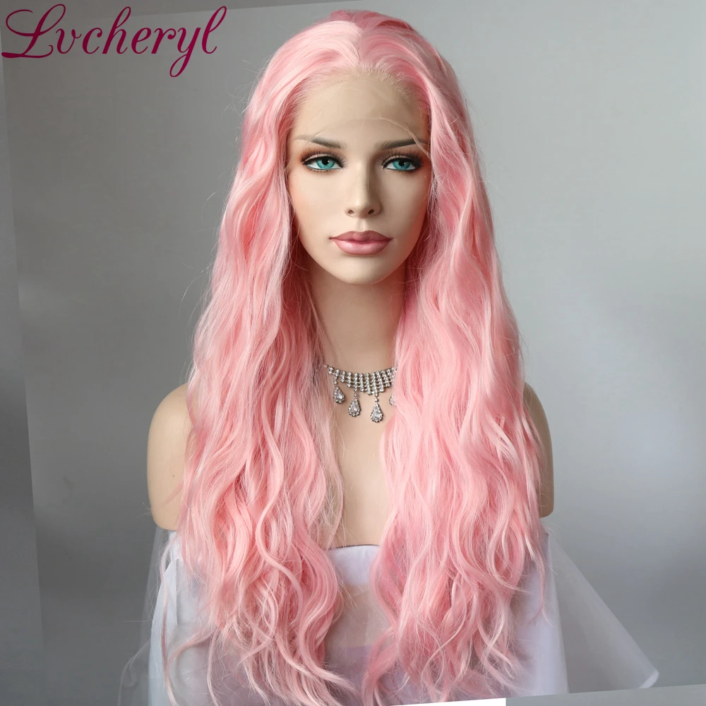 

Lvcheryl pink Color Natural Long Wavy Synthetic Lace Front Wigs Heat Resistant Hair Wigs Party Wigs for Women