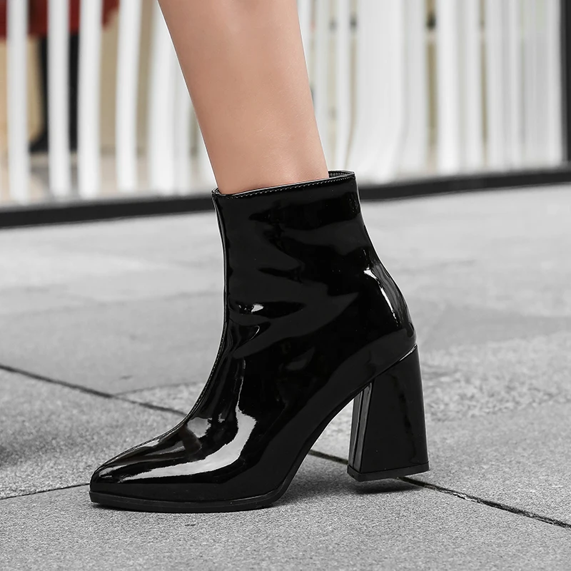 Tanie WETKISS Patent Pu kobiety botki Zip Pointed Toe obuwie gruby wysoki plusz obcasy buty kobiece buty i zabawy kobieta 2020 zima