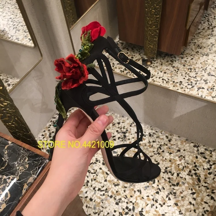 

Rose Flowers Women Wedding Party Dress Sandals Criss Cross Strappy High Heeled Ladies Sandals Shoes Summer Black Red Prom Mujers