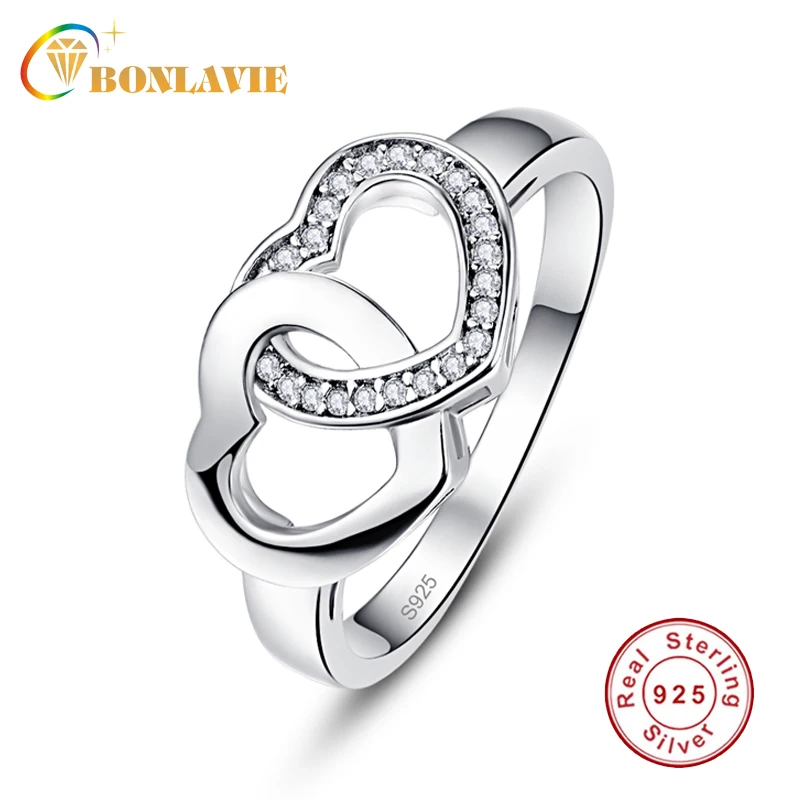 

BONLAVIE Valentine's Day Present 925 Sterling Silver Heart to Heart Ring Double Heart AAA Clear Crystal Fine Jewelry for Women