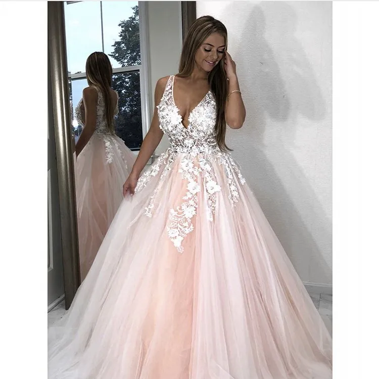 

Cinderella Light Pink Hand Made Flower V-Neck Floor Length A-Line Lace Applique Soft Tulle Lace Wedding Dresses vestido de noiva