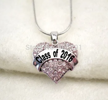 

50pcs a lot rhodium plated fashion Class of 2016 Crystal Heart Pendant necklace