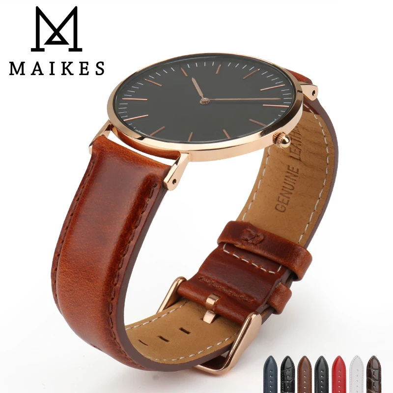 Ремешок MAIKES из натуральной кожи для часов сменный Браслет с серебристой и