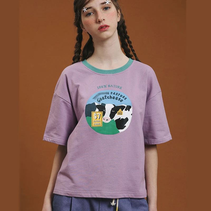 

Short Tshirt Women Purple Oneck Short Sleeve Girl Tee Tops Fashion Loose Cute Cow Letters Printed Cotton Terry Summer New 2017