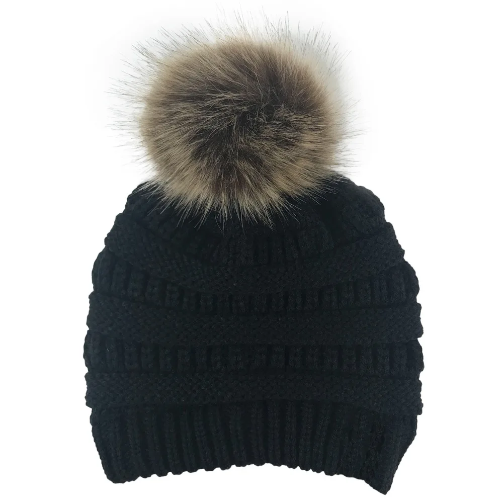 Winter Women's Hat Girls Knitted Beanie Caps with Cute Faux Fur Pom Pom Skullie beanies шапка женская bonnet femme hiver