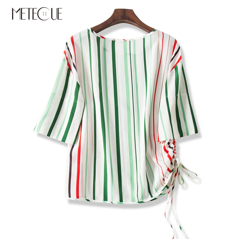 

100% Silk Striped Hem with Drawstring Women Blouse Office Lady Loose O Neck Three Quarter Sleeve Woman Blouse Summer 2019