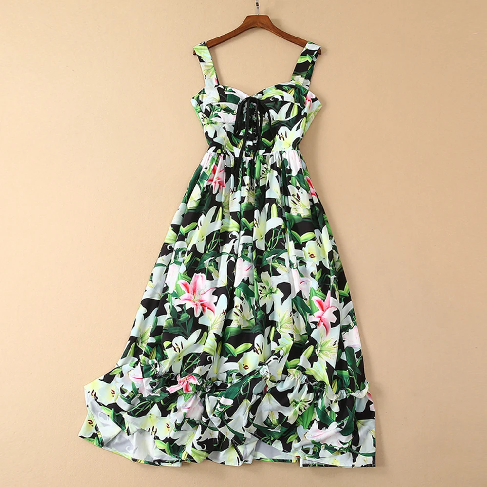 

Red RoosaRosee Runway Sexy Backless Bandage Dress Green Floral Print Women's Vacation Vestidos Strap Beach Robe Femme Dresses