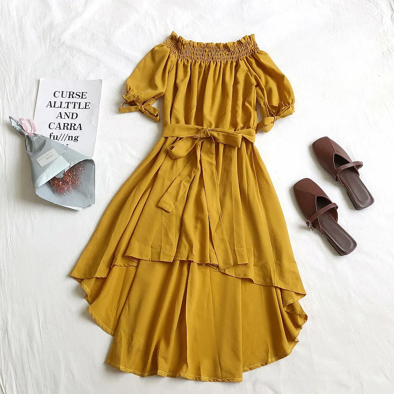 

Women Lantern Puff Sleeve Slash Neck Irregular Bandage Strap Pleated Ruffles Dress Vintage Elastic Slim Party Beach Midi Dresses