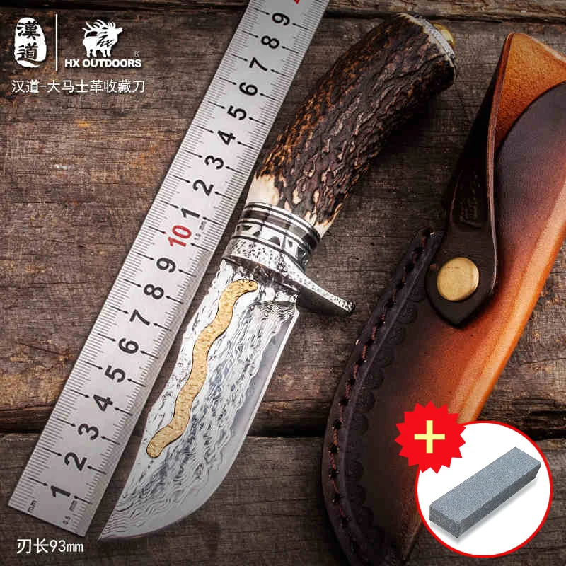 HX OUTDOORS Damascus high hardness gold antlers collection knife, field survival knife, outdoor straight knife HX OUTDOORS Damascus high hardness gold antlers collection knife, field survival knife, outdoor straight knife