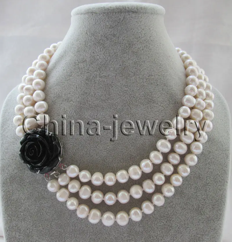

17-19 " 3row 10mm natural white round freshwater pearl necklace - GP clasp NEW