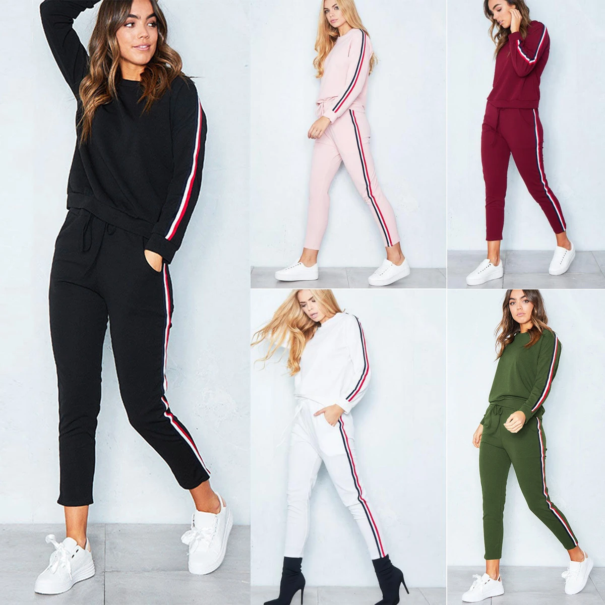 Chándal 2 piezas conjunto de las mujeres 2018 Hoodies Crop Top sudadera + Stripe pantalones encapuchados 2 mujeres ropa Mujer|Conjuntos de mujer| - AliExpress
