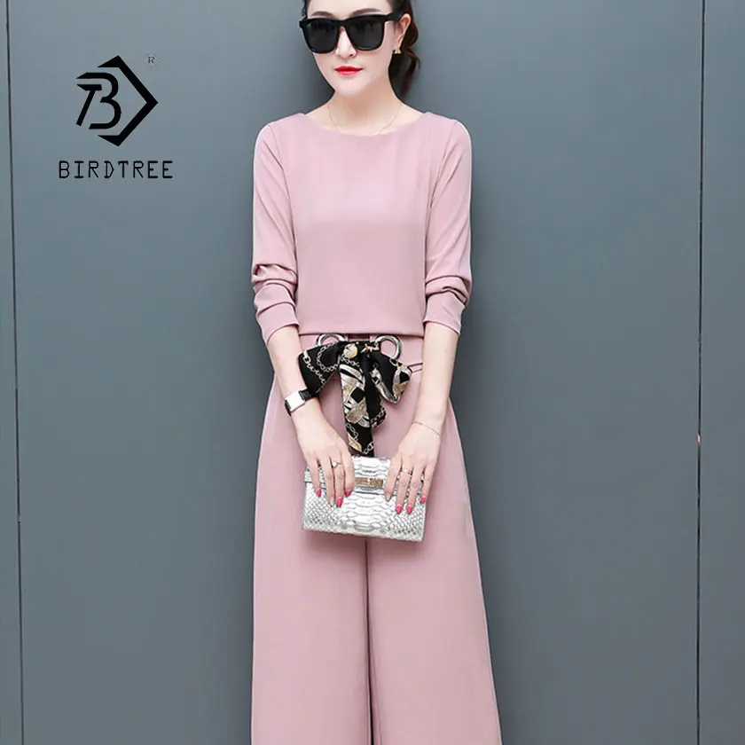 

2019 Spring New Women's Loose Two Piece set Chiffon O Neck Pattern Lace Up Bow Pullover Top Pants Bottom Pocket Hot Sale S93013Z