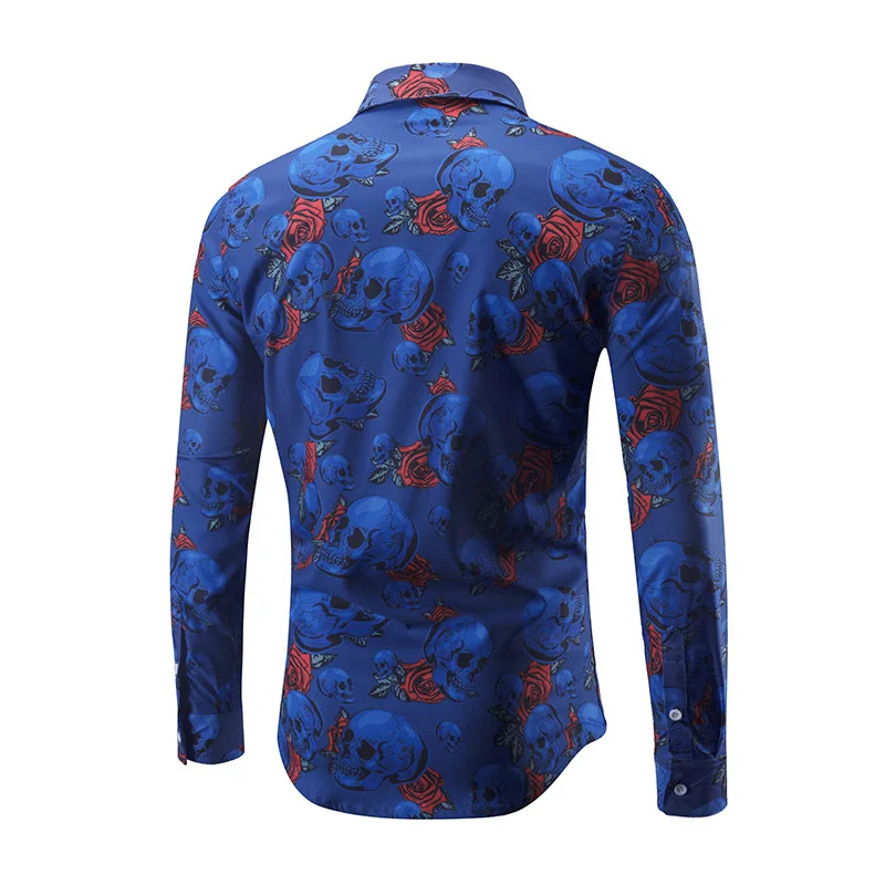 High Quality Men Shirt Long Sleeve Loose fit Flower Skulls Print Turn-down Collar camisas Big Size Dress Shirts