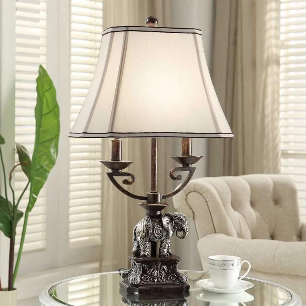 European Resin Elephant Bedroom Bedside Table lamps Wihte Fabrics