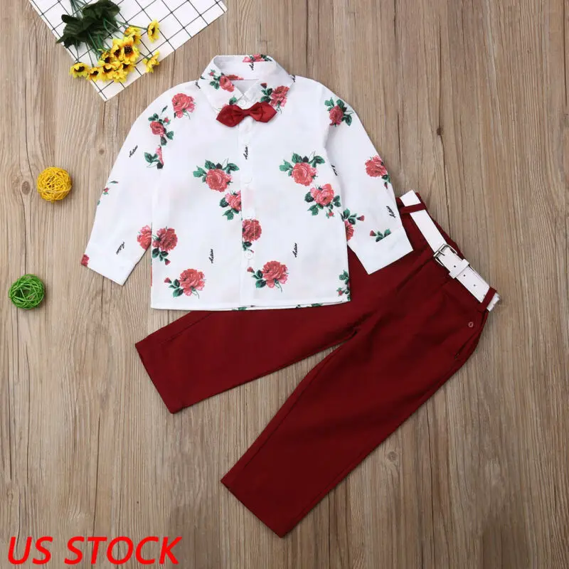 

Toddler Baby Boy Formal Gentleman Suit Flower Bow Tie Shirt+Long Pants Outfit Clothes Xmas Christmas Clothes Suits Formal Set