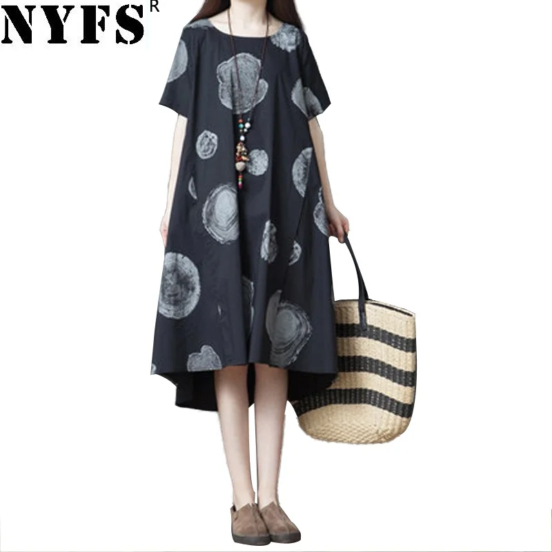 

NYFS 2019 New Summer Dress Vintage loose Cotton Linen Printing Long Dress Vestidos Robe Elbise Fashion Women dress