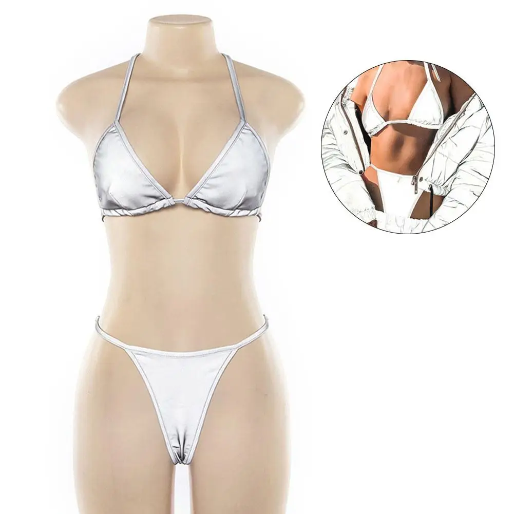 

Reflective Bikini Solid Silver Thong Brazilian Biquini Micro Two Piece Swimwear Bikini Sets Mini Shinny Glowing Women Beachwear