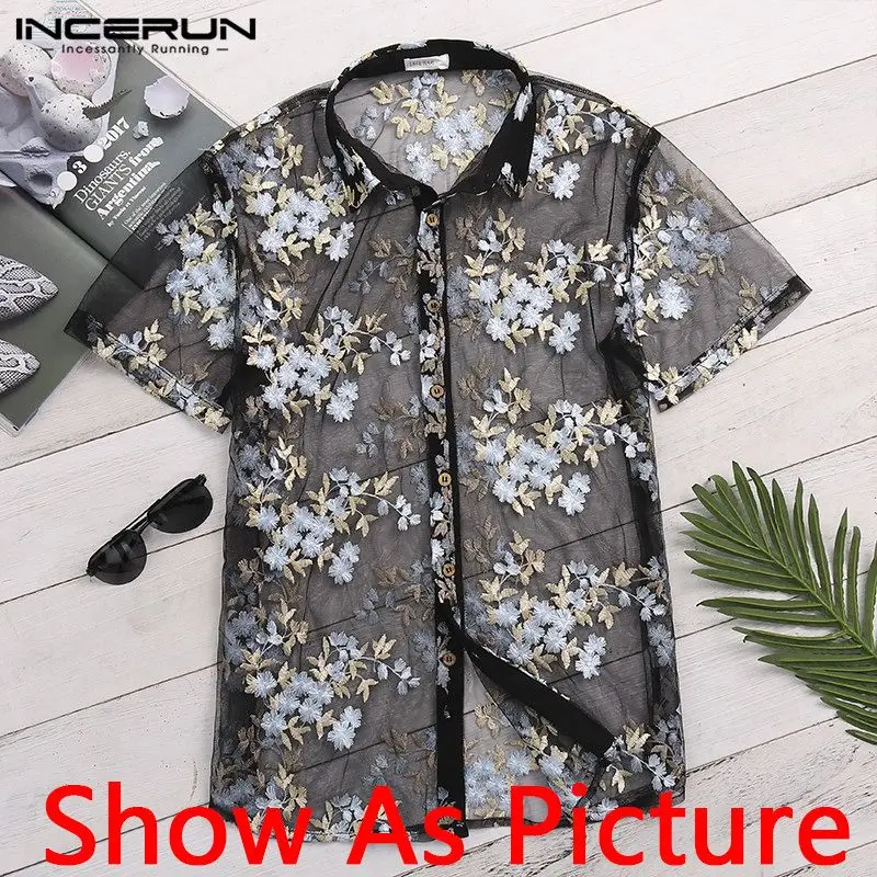 INCERUN See Through Men Shirt Mesh Fashion Flower Embroidered Button Male Tops Transparent Short Sleeve Sexy Lace Shirt Men - Цвет: Black Shirt