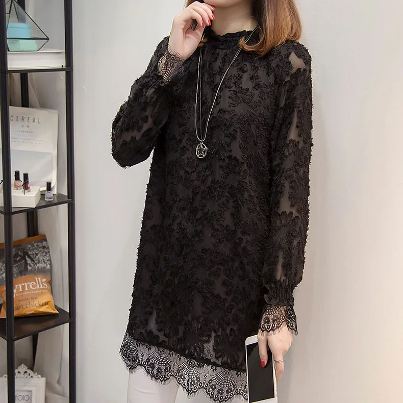 

4xl plus big size women clothing 2018 spring autumn winter korean vestidos new thin black loose lace dress female Y1536