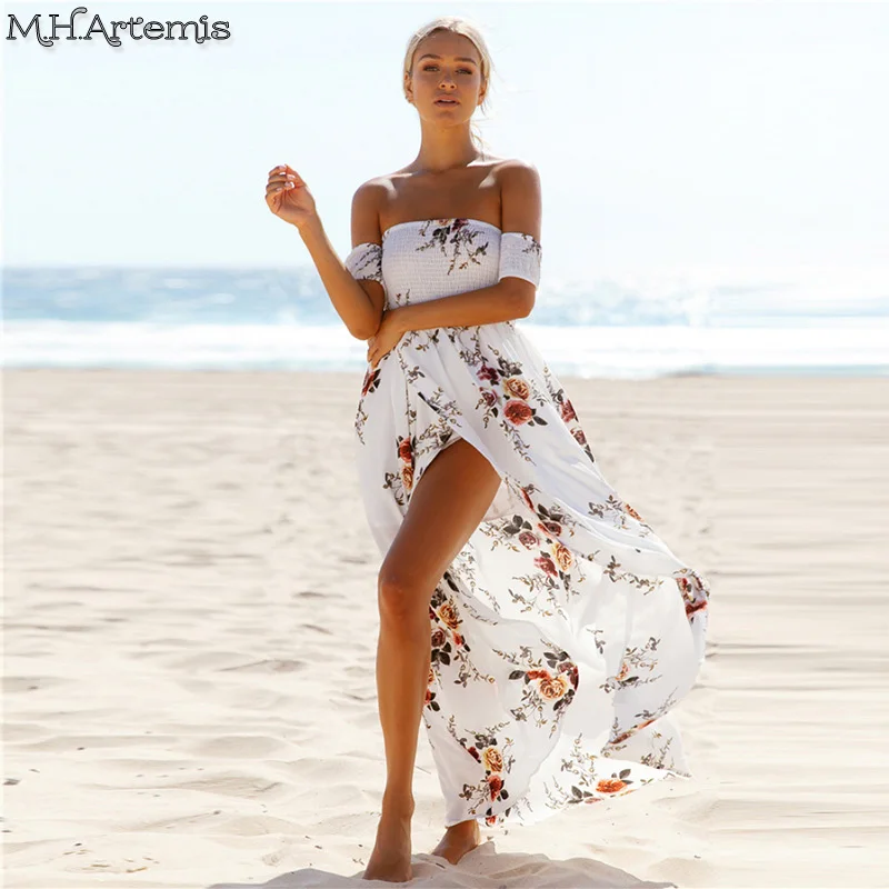 Buy Cheap Boho Chic style Maxi dress women Off shoulder Beach Summer dress Floral print Chiffon White Long dress Vestidos de festa