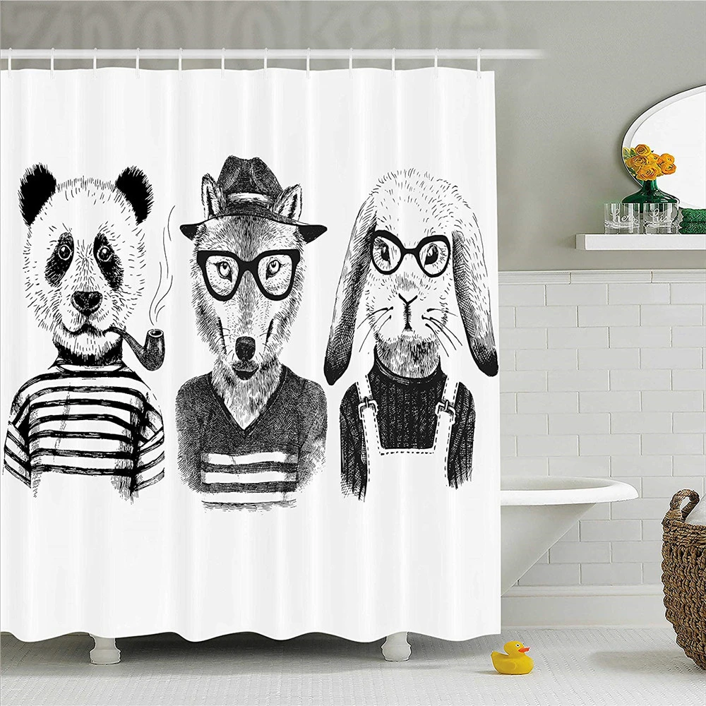 動物シャワーカーテン ヒップスターパンダクマ葉巻キツネとウサギメガネで人間服イラスト 生地浴室の装飾セットw Shower Curtains Aliexpress
