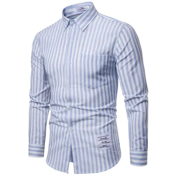

Brand 2018 Fashion Male Shirt Long-Sleeves Tops Sky Blue Stripe Mens Dress Shirts Slim Men Shirt M-XXL