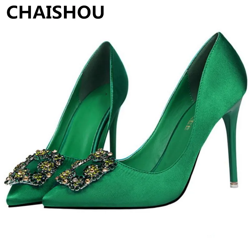 CHAISHOU Women 10cm Thin High Heels Fashion Pumps Pointed Green Rhinestone Silk Footwear Scarpins Shoes F-171 CHAISHOU Women 10cm Thin High Heels Fashion Pumps Pointed Green Rhinestone Silk Footwear Scarpins Shoes F-171