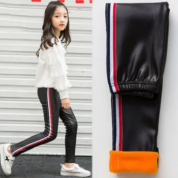 

Girl Leggings Pants PU Leather Sports Stripe Thick Plus Golden Velvet Warm Leggins for Girls Kids Children Winter Autumn Spring