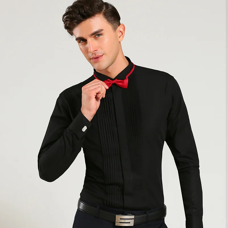 Французская запонка, однотонные мужские официальные сорочки с воротником-крылышком, мужские смокинговые рубашки, свадебные рубашки для жениха, мужской сценический костюм - Цвет: Black