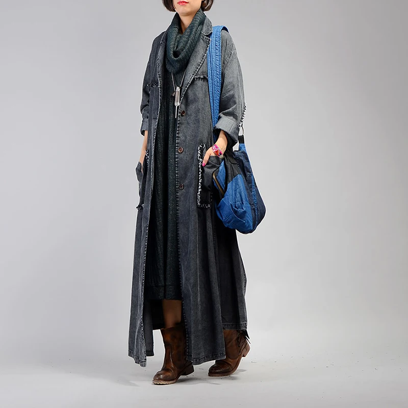 

Denim windbreaker personality long size fashion casaul vintage turn-down collar vintage solid color spring autumn tide jackets