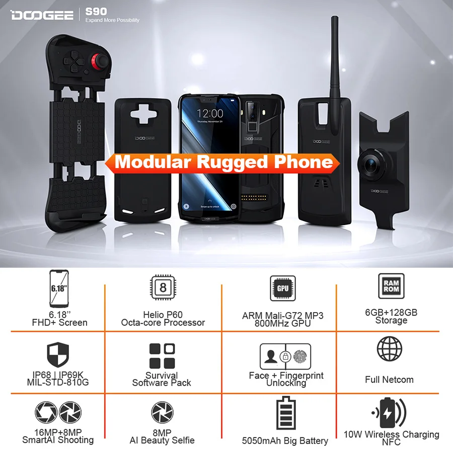 Модульный усиленный телефон DOOGEE S90 6 18 дюймовый дисплей 5050 мАч Helio P60 восемь ядер