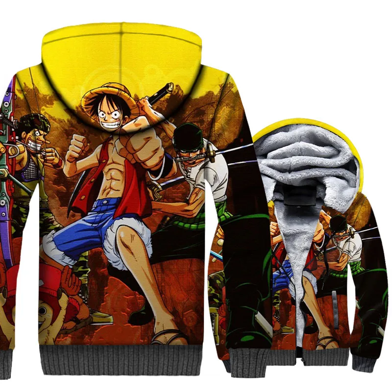 

Japan Anime Jackets Men One Piece 3D Hoodies Zoro Luffy Sweatshirts Winter Thick Fleece The Pirate King Coat Cool Streetwear
