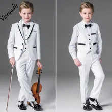 Белые Свадебные смокинги для жениха из 3 предметов с цветочным рисунком для мальчиков, Детские вечерние костюмы для выпускного вечера