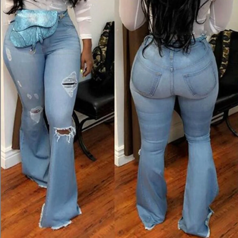 

Women's Fashion High Waist Jeans Cotton Casual High-elastic Trumpet-shaped Broken Holes Baby Blue Mom Jeans Bell Pants S-3XL