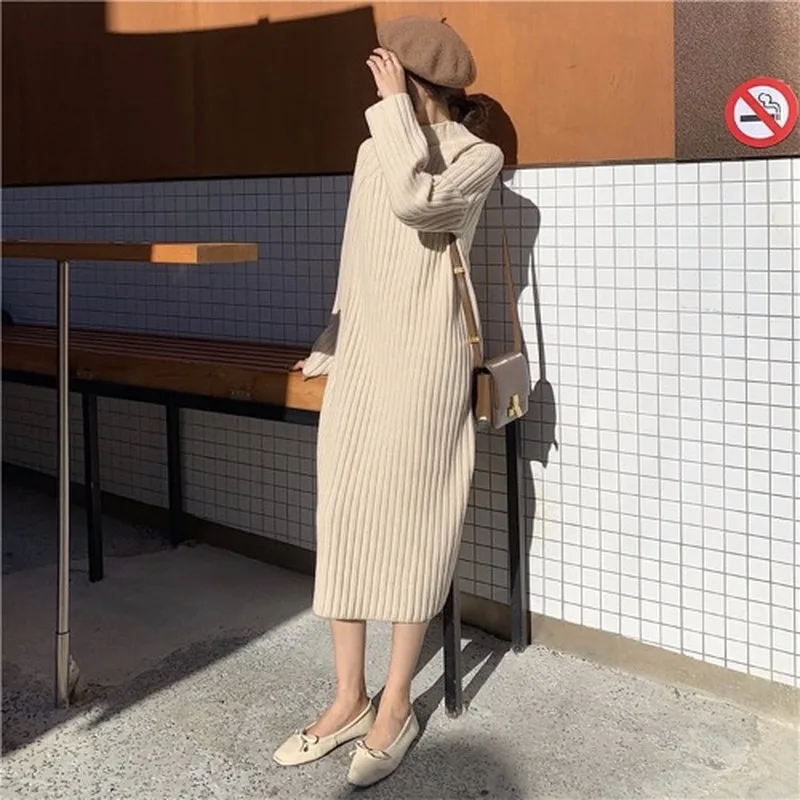 

U-SWEAR Turtleneck Long Sleeve Dress Ladies Solid Color Strip Slim Knit Dress Winter Female Casual Knitted Dress Vestidos