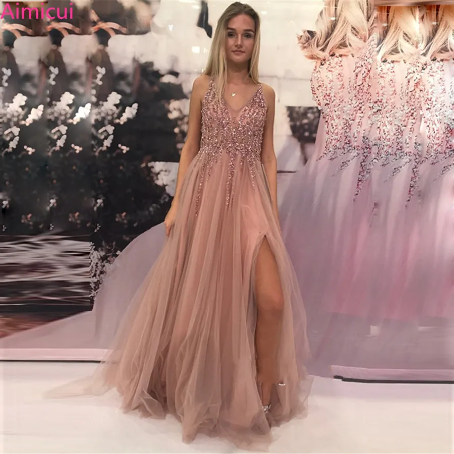 

New High Quality Customer Made Beading Crystal Sexy V-neck Front Split Long Evening Dresses Formal Prom Dresses Long Gown
