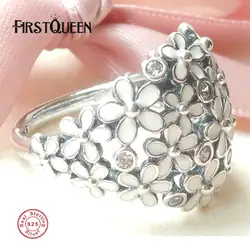 Firstqueen Bijoux серебра 925 ромашка кольца с четкими CZ и белой эмалью Свадебные Кольца для женщины aneis feminino Fine Jewellery
