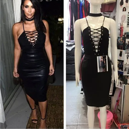 Top Quality Black Bandage Weaving Leather Dress Cute Celebrity Party Dress