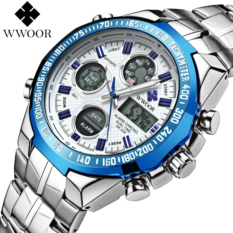 

2017 New WWOOR Fashion Men Watches Full Steel Men's Quartz Hour Clock Analog Digital LED Watch Sports Military Wrist Watch