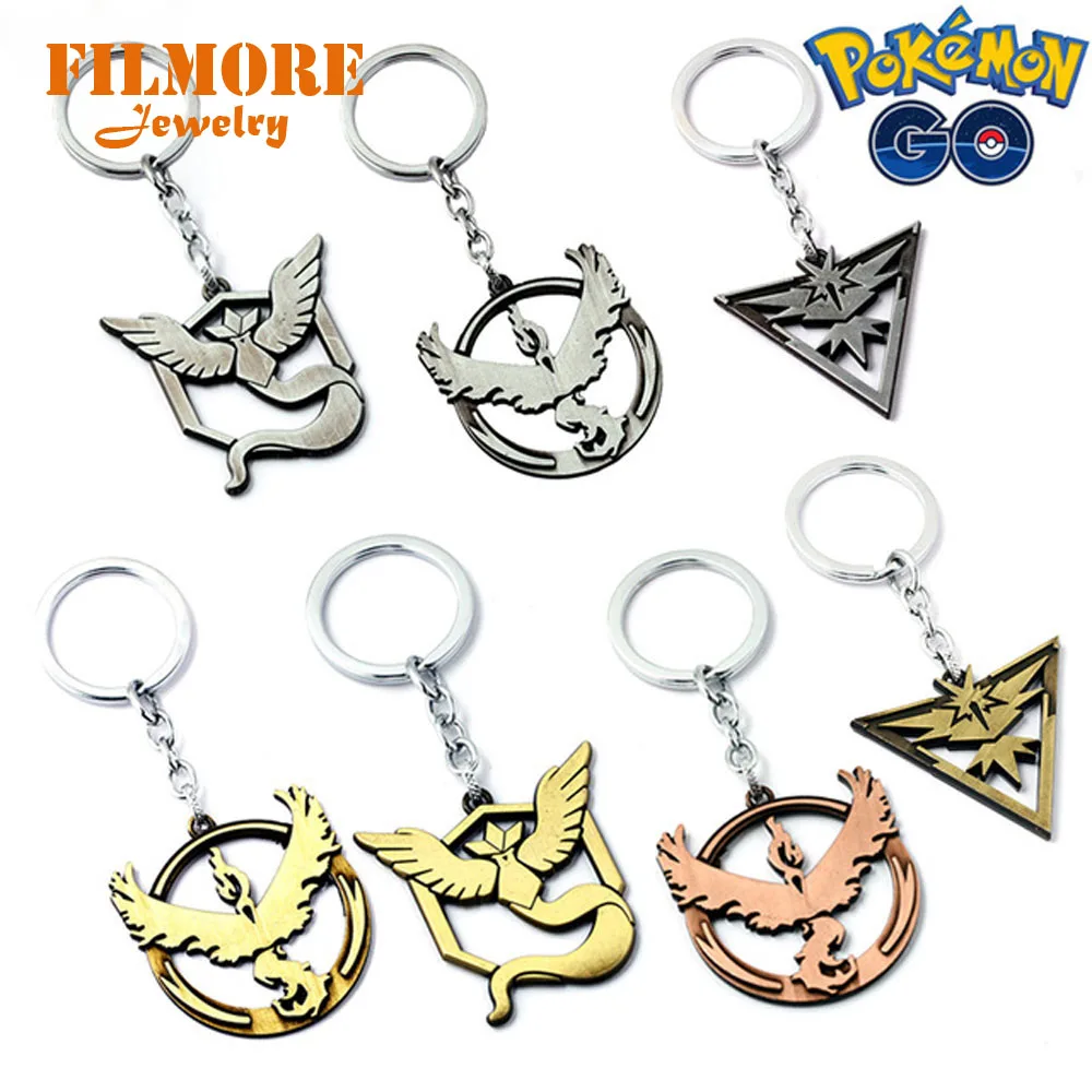 

10 Types Anime Pokemon Go Keychain Team Valor Instinct Mystic Logo Alloy Keyring Bronze Ancient Silver Unisex Jewelry Collection