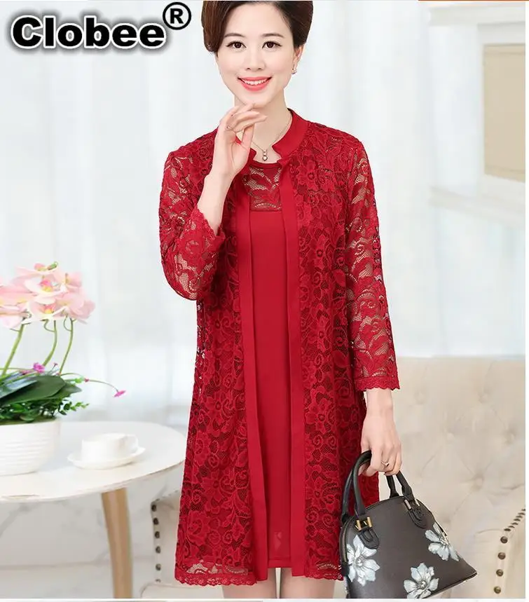 

boho 2018 Summer Dress Middle-Aged Woman Lace Dress Suit Long Sleeve Elegant Wedding Party Dresses Red vestido invierno mujer
