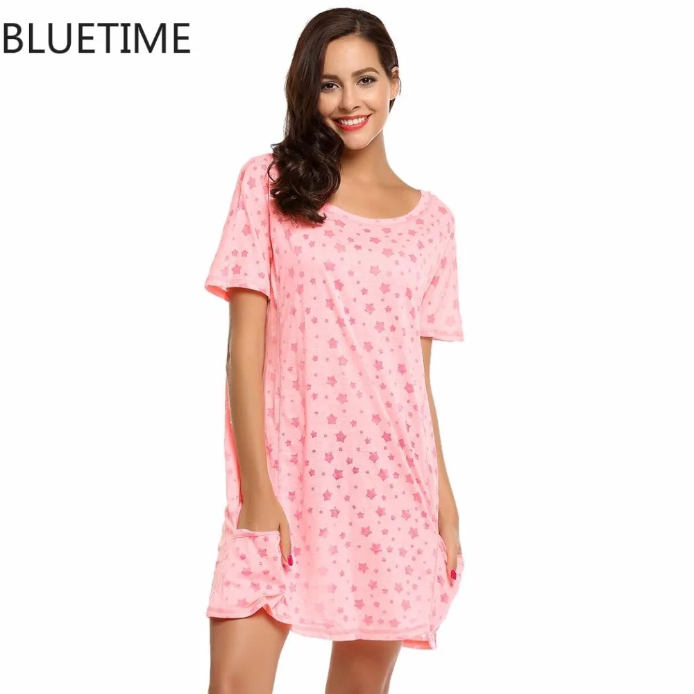 Women Star Print Nightgown Nightshirt Mini Dress Home Clothing Loungewear With Pocket Casual