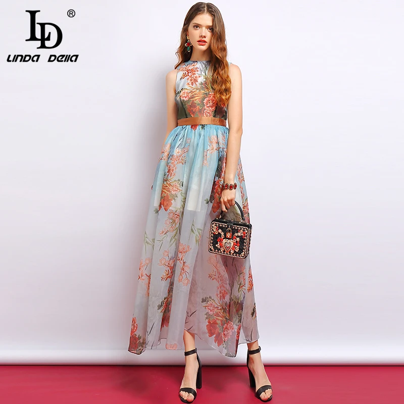 

LD LINDA DELLA Fashion Summer Dress Women's Sleeveless Side slit Mesh Overlay Floral Printed Elegant Vintage Ladies Party Dress