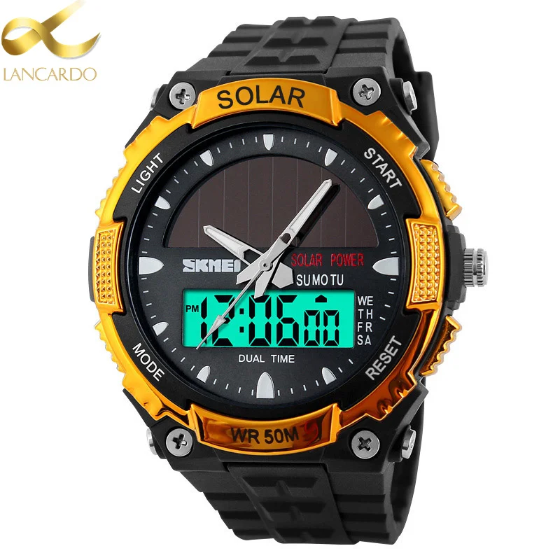 

LANCARDO Men Solar Power Sports Watches Stopwatch Quartz Digital Watch Alarm Stopwatch Dual Time Zones Relogios Masculinos