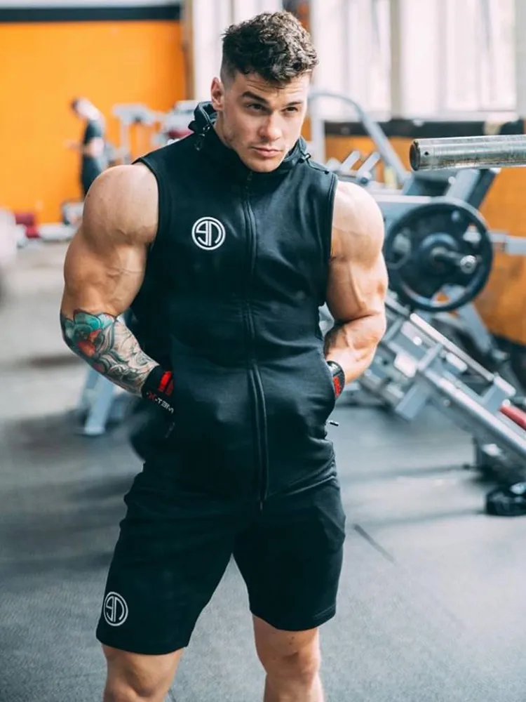  New Mens Gyms Hoodie Singlets Sweatshirts sleeveless hoodies printing Bodybuilding Fitness male wai