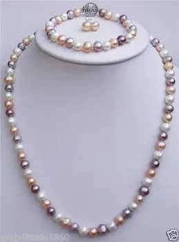 

Women Gift word Love women Fashion Jewelry Natural 7-8mm White pink Purple Freshwater Pearl Necklace Earring Bracelet Set