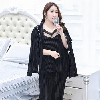 

New Black 3PCS Cami&Pants&Shirt Home Wear Autumn Women Sleepwear Set Sexy Mesh Flower Collar Vest Pajamas Suit Plus Size XXXL