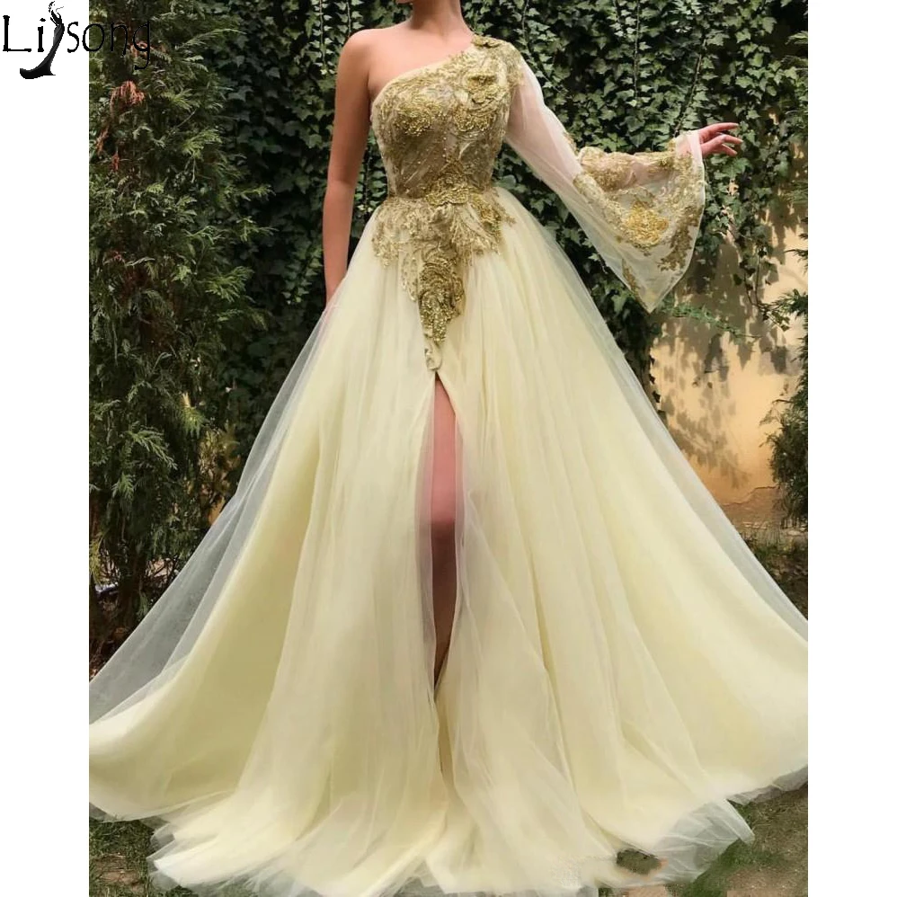 2019 Beaded Prom Dresses Sexy One Shoulder Long Sleeves Side Split A Line Evening Gowns Custom Made Sweep Train Formal Party Dress